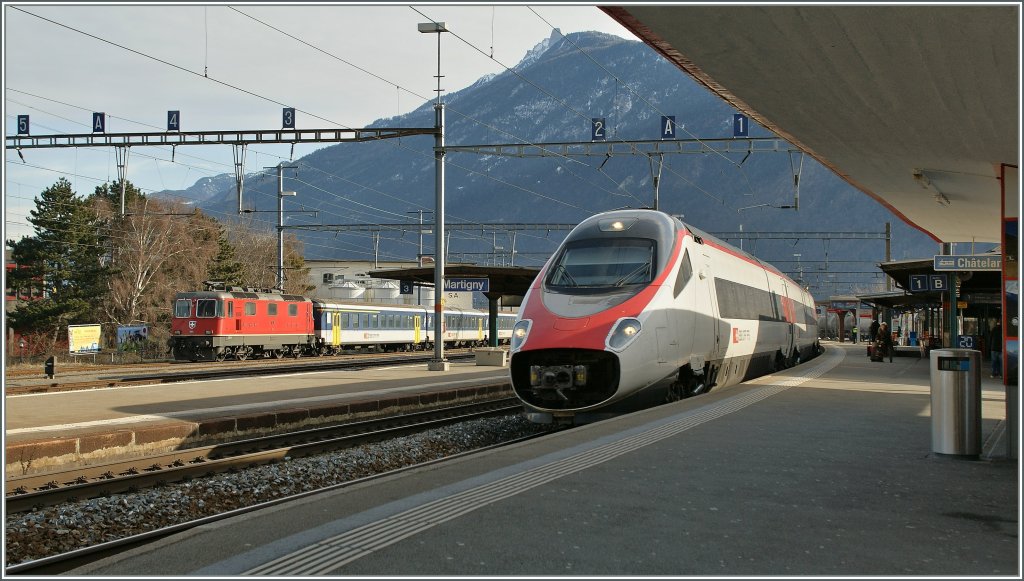 Ein ETR 610 auf dem Weg von Milano nach Genve bei der Durchfahrt in Martigny. 
27. Jan. 2013