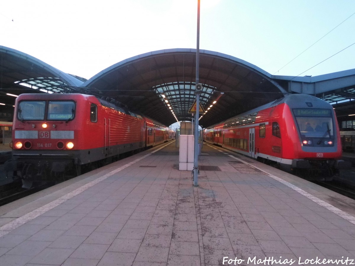 114 017 und Steuerwagen von der S7 im Bahnhof Halle (Saale) Hbf am 19.2.16