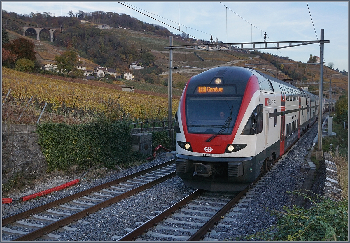 Der RABe 511 103 auf der Fahrt nach Genève erreicht in Kürze Lutry.
3. Nov. 2017  