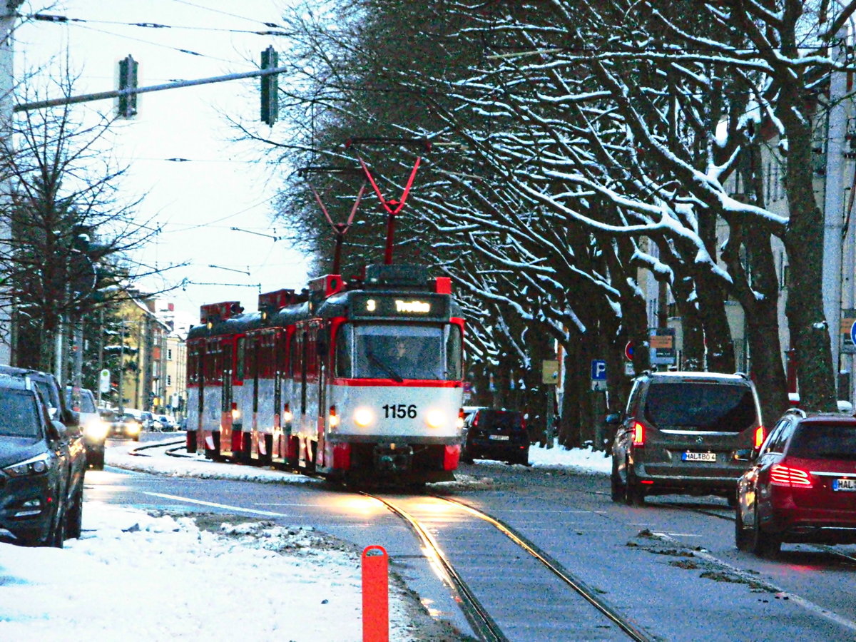 HAVAG Wagen 1156 mit ziel Trotha bei einfahrt an die Haltestelle Robert-Koch Straße  am 21.3.18