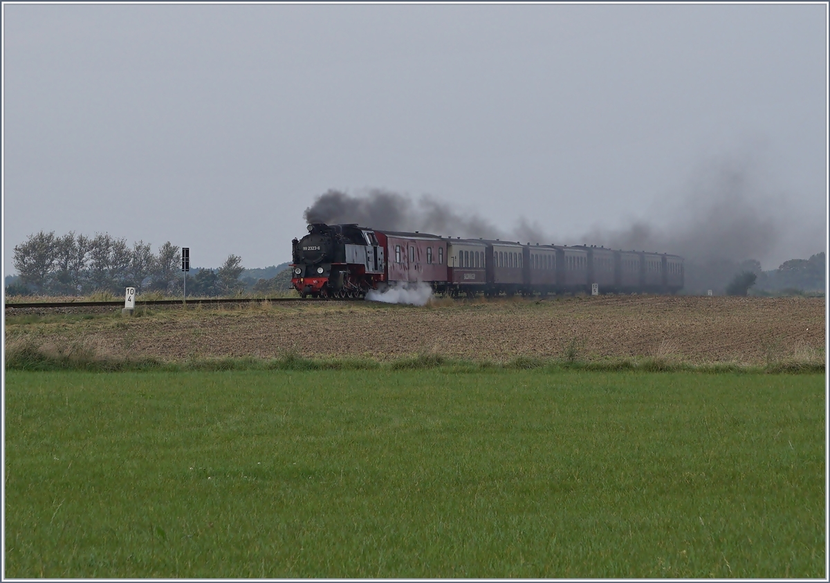 Herrlich dampfend (und rauchend) kommt die Molli 99 2323-6 mit ihrem Zug kurz vor der Station  Steilkste  herangefahren.
28. Sept. 2017