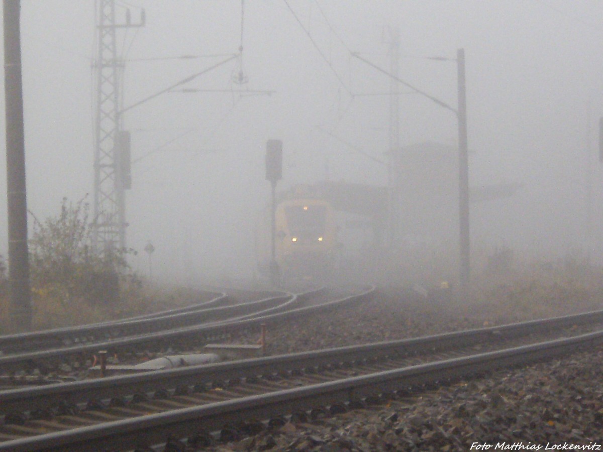im Nebel sieht man 711 116-4 am Bahnhof Stralsund-Rgendamm Stehen am 14.11.13