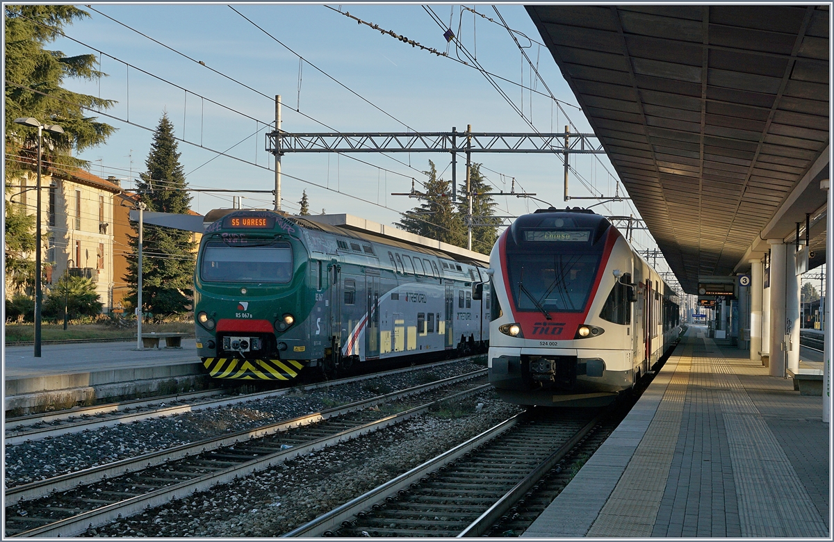 In Gallarte wartet ein Trenord Triebwagen Ale 711 und ein SBB TILO RABe 524 auf  ihre Abhfahrt nach Varese bzw. Cadenazzo (via Luino).
5. Jan. 2019