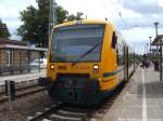 ostdeutsche-eisenbahngesellschaft-odeg/350260/odeg-vt-65089-als-r3-mit ODEG VT 650.89 als R3 mit Ziel Hagenow Stadt im Bahnhof Waren (Mritz) am 16.6.14