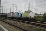 RBB/698134/293-901-von-rbbcaptrain-mit-2 293 901 von RBB/Captrain mit 2 RHC E-Loks beim Rangieren im Bahnhof Bitterfeld am 4.5.20