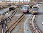 Während der 187er Triebwagen ruhte fuhr der Combino Duo aus Richtung Harz in den Bahnhof Nordhausen ein. 15.02.2014