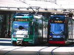 Wagen 648 und 632 der HAVAG zwischen Riebeckplatz und Hauptbahnhof in Halle (Saale) am 14.6.17