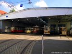 Blick auf die Historischen Straenbahnen im Historischen Straenbahnhof Leipzig-Mckern am 26.6.16