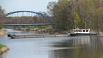 Schubboot Hohensaaten der Wasserwirtschaft am 17.04.14 im Oder - Havel - Kanal. eindrehend aus dem Finow - Kanal in Richtung Eberswalde