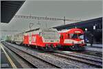 Die RM Re 456 143 erreicht mit ihrem Güterzug den Bahnhof Solothurn, während am Bahnsteig ein RM Triebwagen auf die Abfahrt wartet.