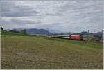 Ein SBB Re 460 ist mit ihrem IR15 von Luzern nach Genève Aéroport bei Oron unterwegs.
