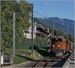 50 Jahre Blonay Chamby - Mega Bernina Festival: Ein B-C Zug mit dem RhB Bernina Bahn Krokodil Ge 4/4 182 an der Spitze erreicht Blonay.