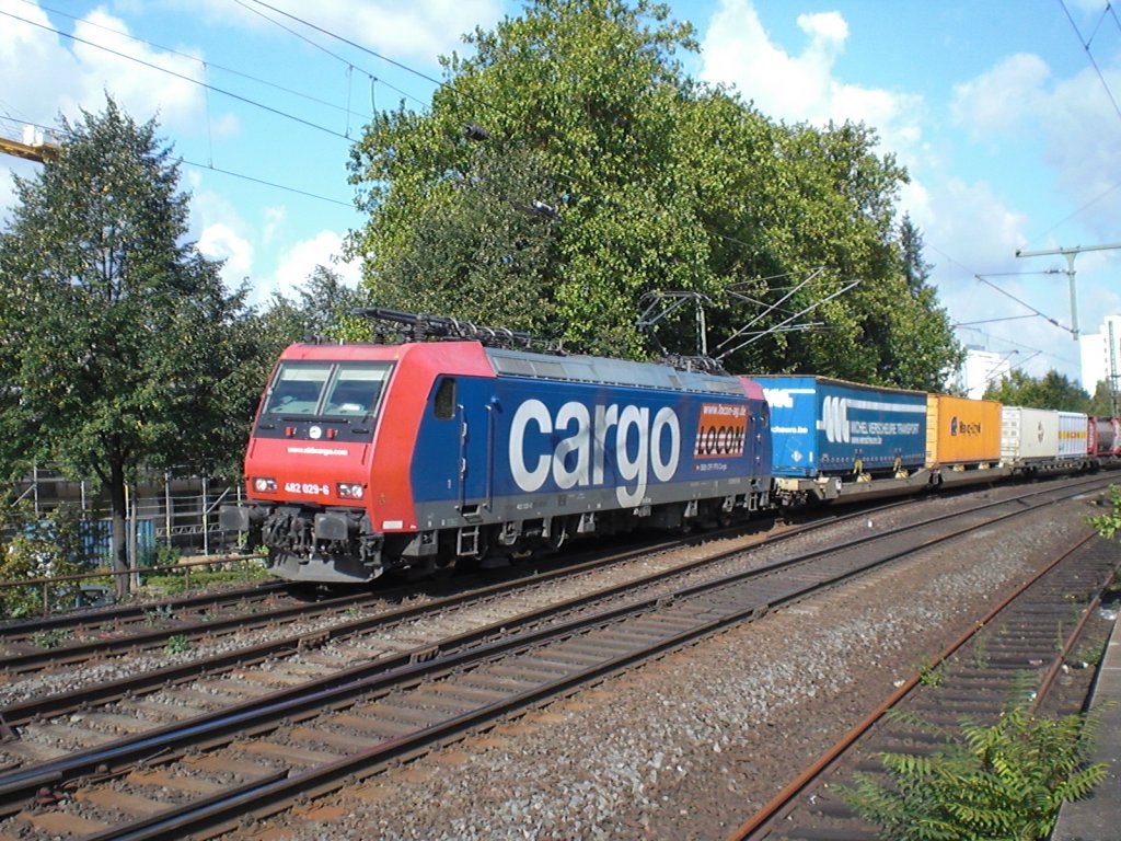 Br.482 029-6 mit der LOCON-Werbung vor einem Containerzug in Bonn-Beuel.