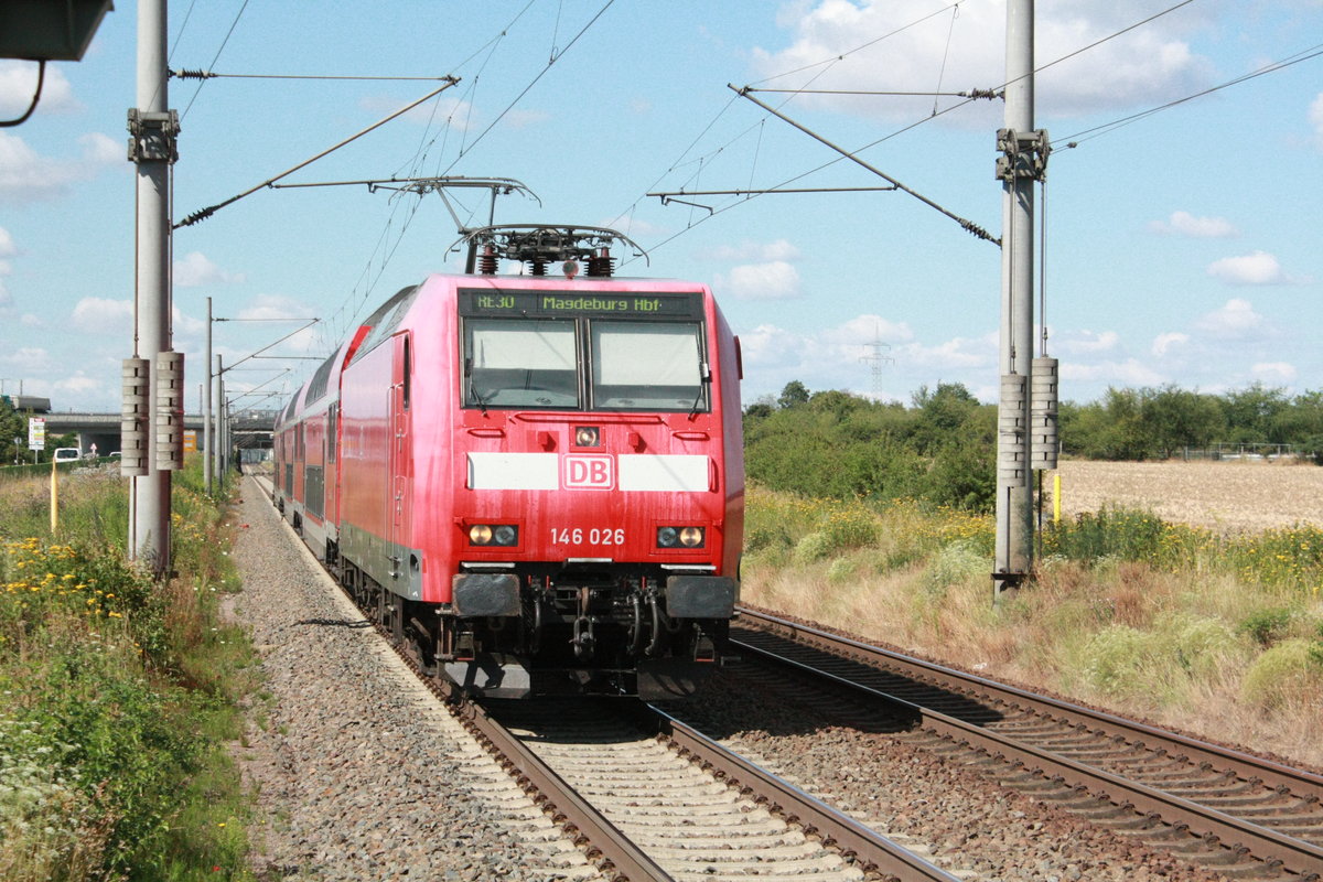 146 023 mit dem RE30 mit ziel Magdeburg Hbf bei der einfahrt in Zberitz am 22.7.20