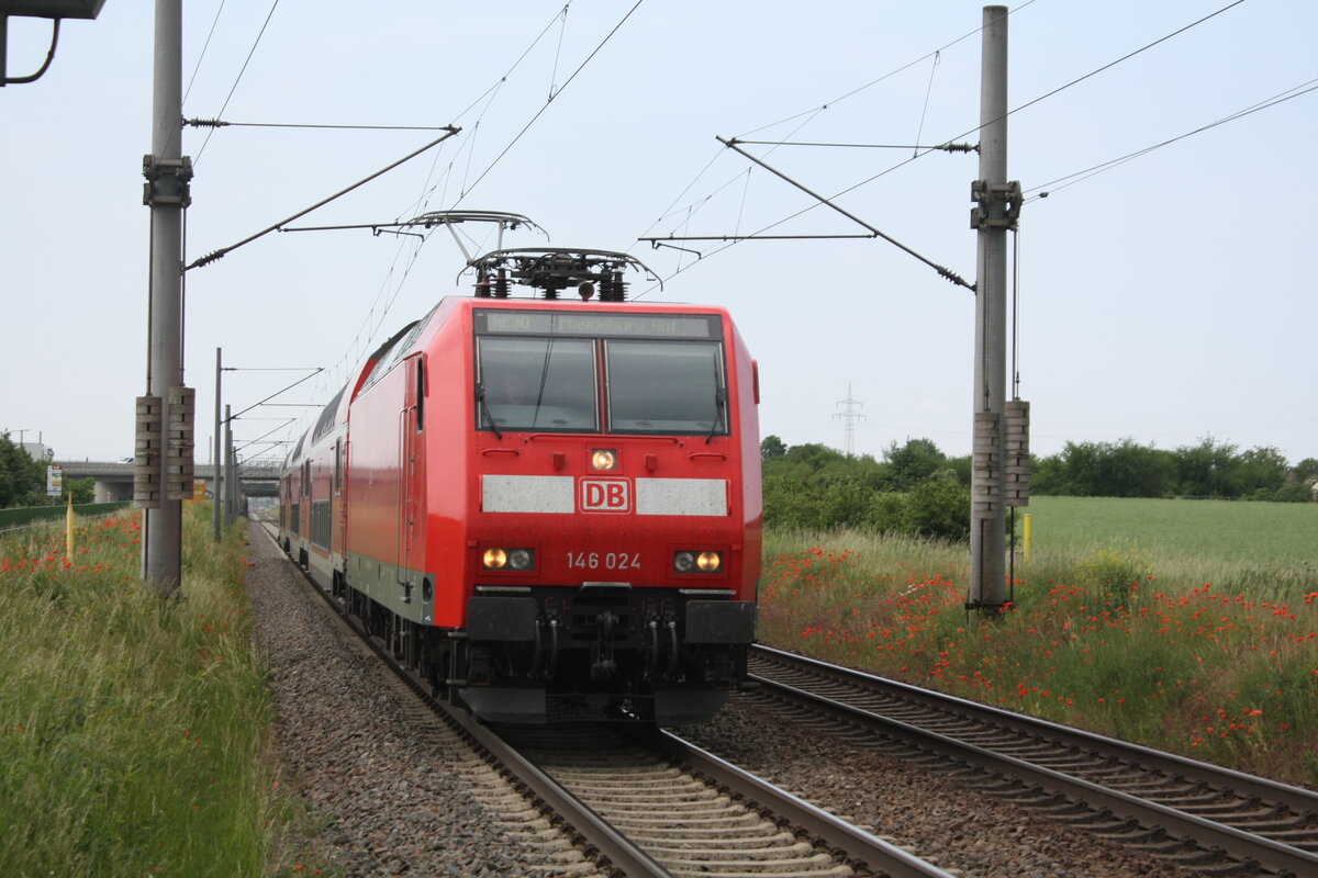 146 024 mit dem RE30 mit ziel Magdeburg Hbf bei der Einfahrt in Zberitz am 9.6.21