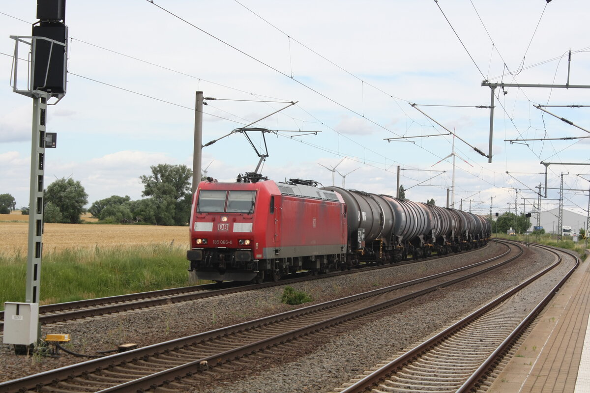 185 065 mit einem Kesselzug bei der Durchfahrt im Bahnhof Niemberg am 5.7.21