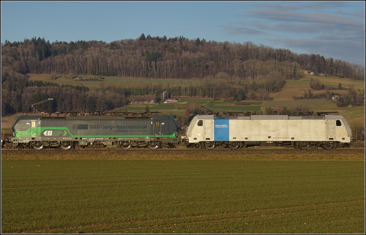 186 104 der Railpool und 193 256 der ELL mit durchschimmerndem Logo der SBBCI in Hendschiken. Januar 2022. 