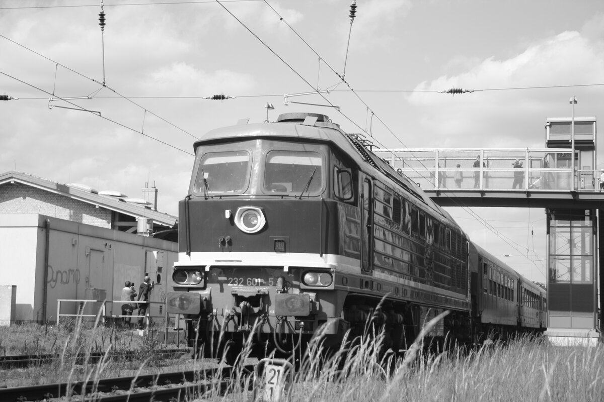 232 601 der WFL mit 243 005 am Zugschluss bei der Einfahrt in den Bahnhof Ortrand am 14.5.22