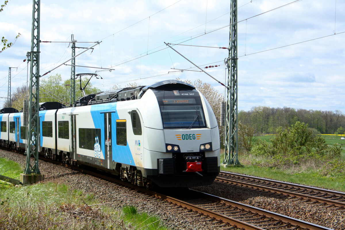 4746 307/807 der ODEG als RE9 mit ziel Sassnitz bei der Einfahrt in den Bahnhof Bergen auf R�gen am 20.4.24