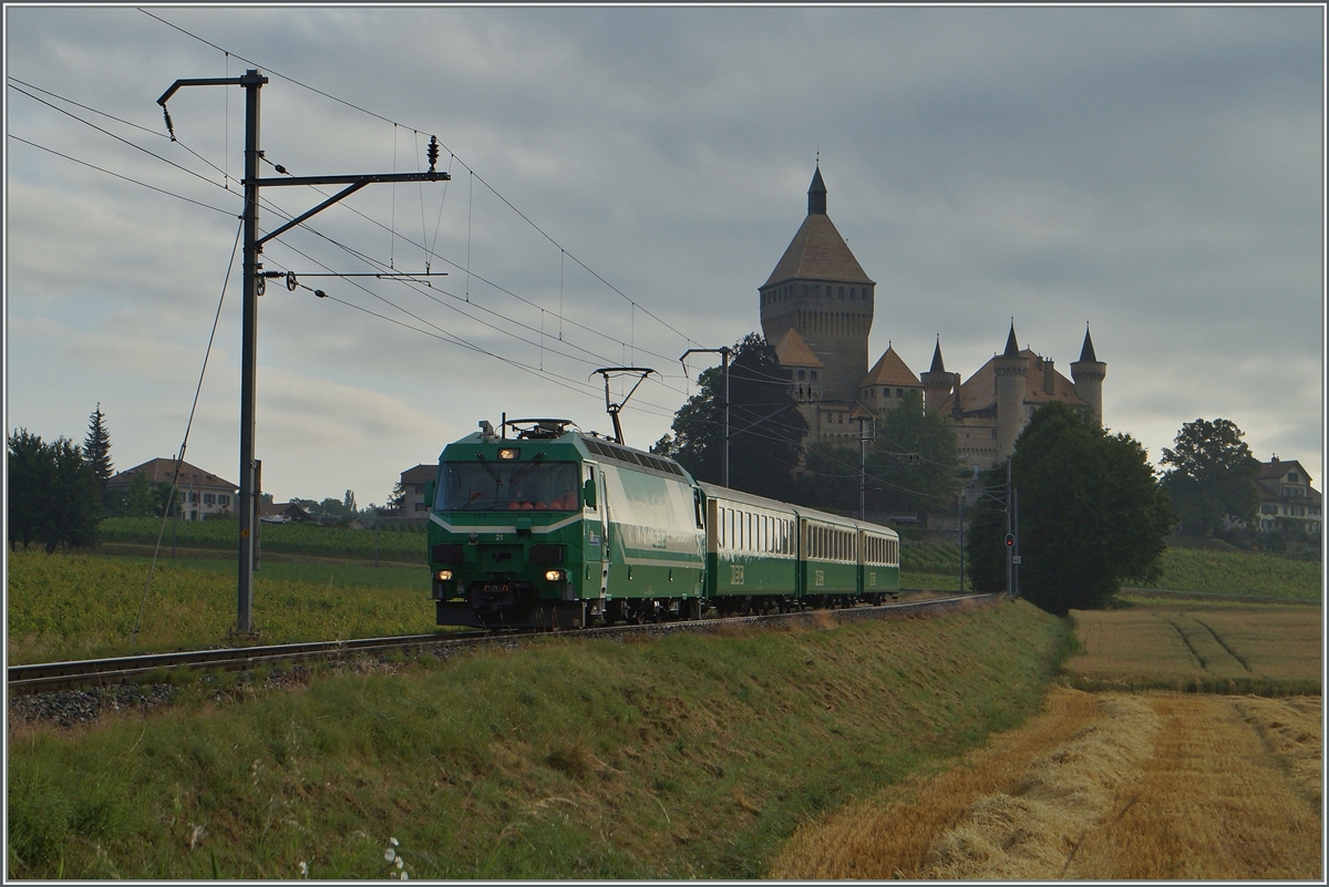 BAM Ge 4/4 mit dem einzigen mint Lok und Komposition gefèhrten Zug 107 beim Château de Vufflens.
3. Juli 2014 