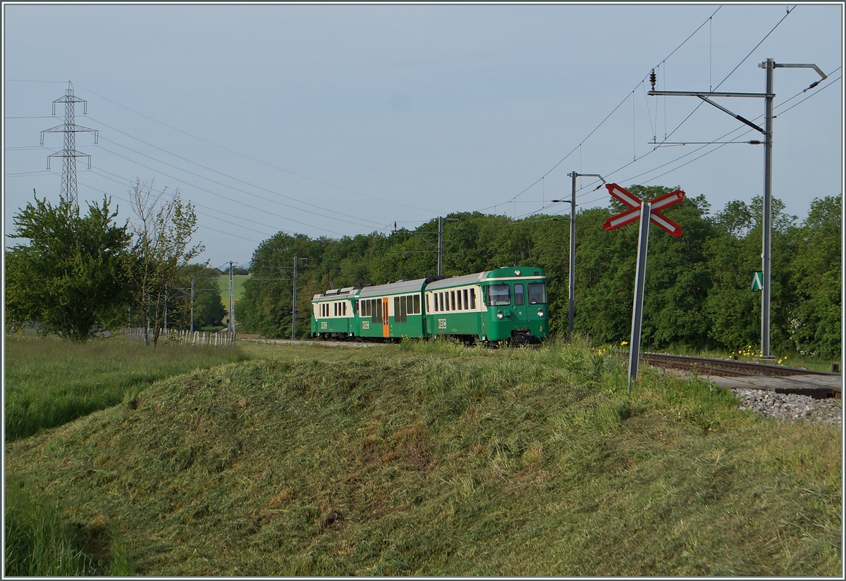 Der BAM Regionalzug 110 mit dem Bt 52 an der Spitze und dem schiebenden Be 4/4 12 erreicht, von Morges kommend, in Kürze Vufflens le Château. 
12. Mai 2015
