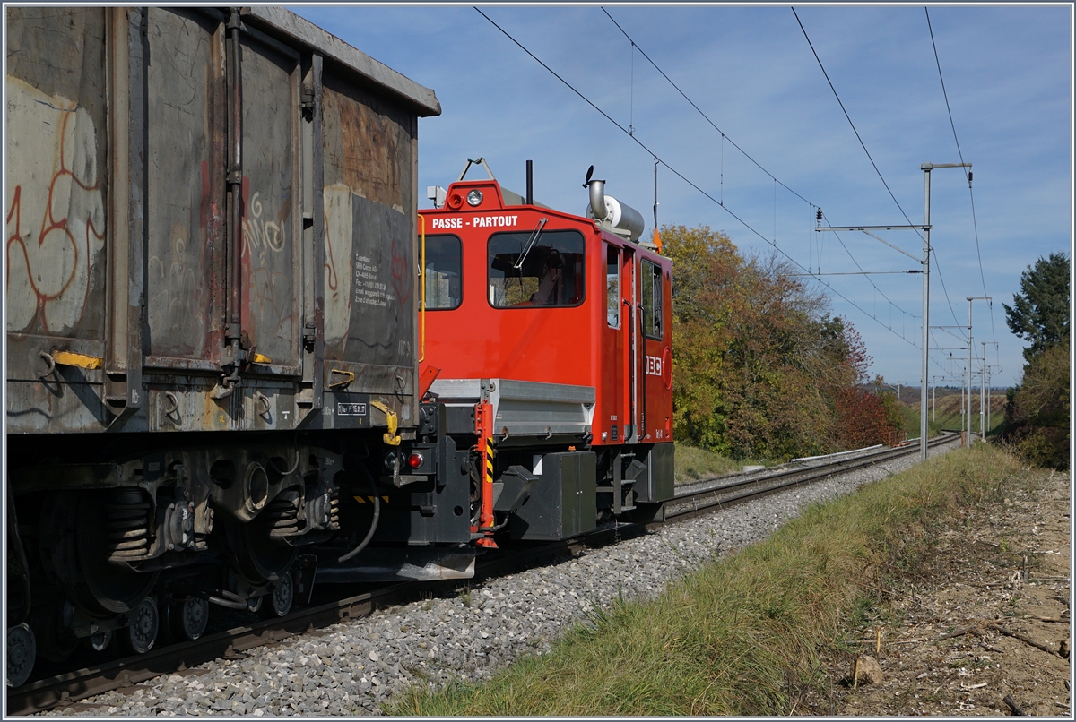 Der BAM Tm 2/2 41 besorgt während des Verlagevorgangs der Zuckerrüben auf offener Strecke die Traktion der Eaos und der Ge 4/4, da selbstverständlich die Fahrleitung ausgeschaltet und geerdet ist.
17. Okt. 2017