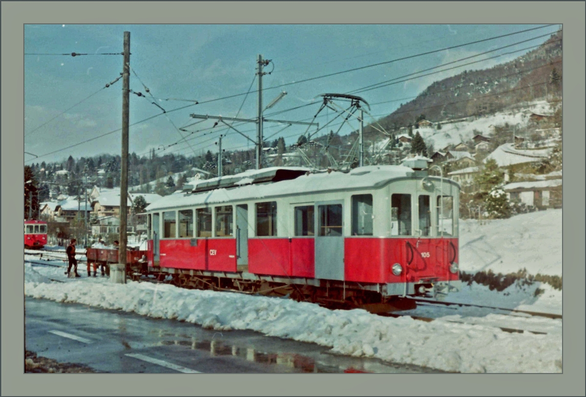 Der CEV BDe 4/4 105 im Schneer�umeinsatz in Blonay. 
(Gescanntes Bild/Negativ)
Winter 1986/87