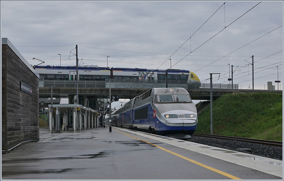 Der  Meroux-Klassiker : unten im Bahnhof Belfort Montbliard TGV ein TGV und oben im Bahnhof Meroux TGV ein SNCF TER. 

28. Mai 2019