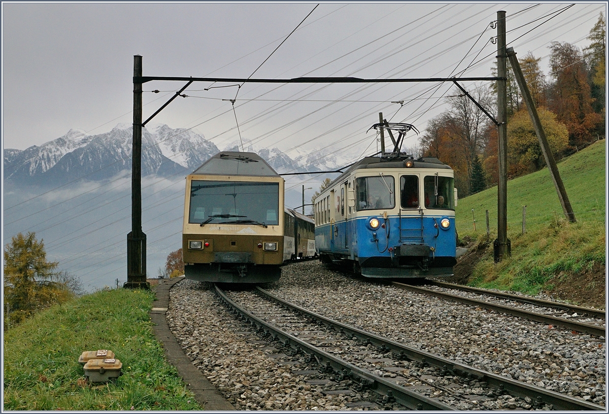 Der MOB ABDe 8/8 4001  Suisse  auf einer Extrafahrt in Sendy-Sollard.
11. Nov. 2017