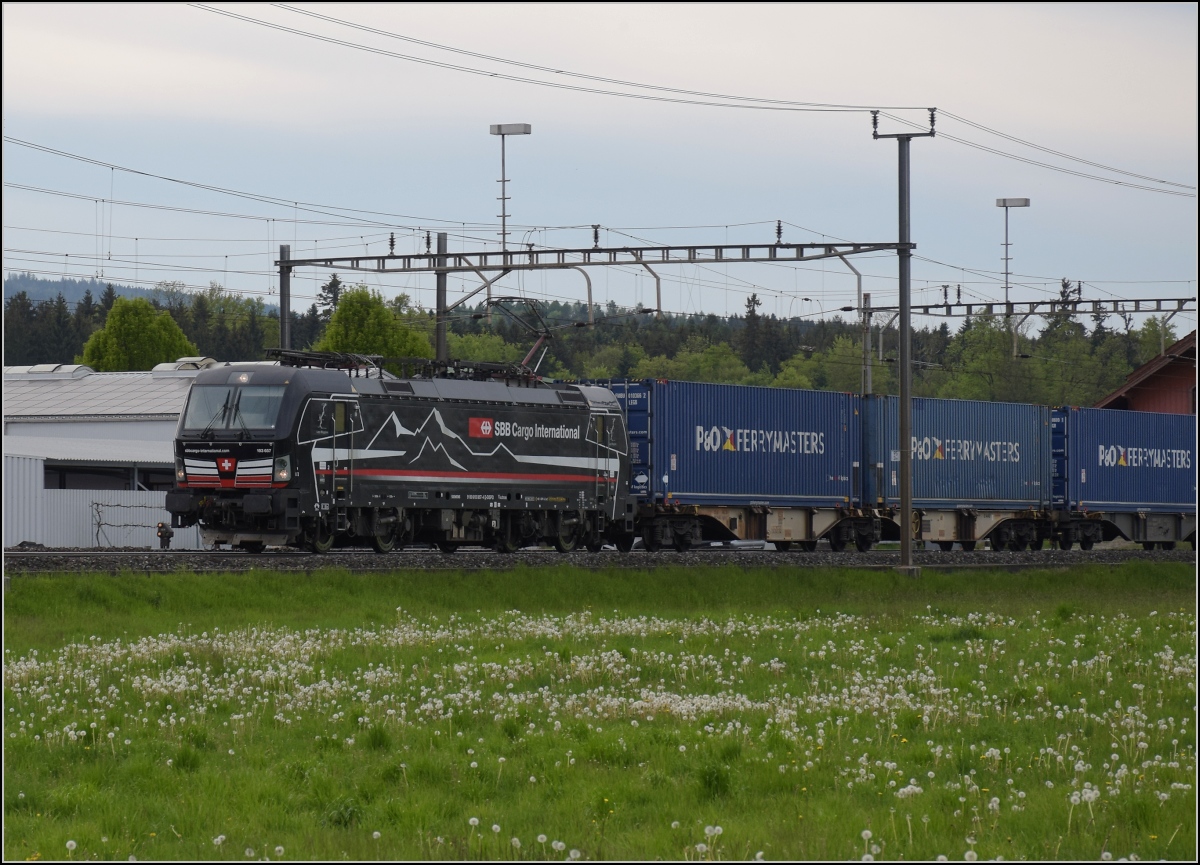 Der neue beklebte Shadow Piercer der SBB im MRCE-schwarz in Oberrüthi. April 2022.