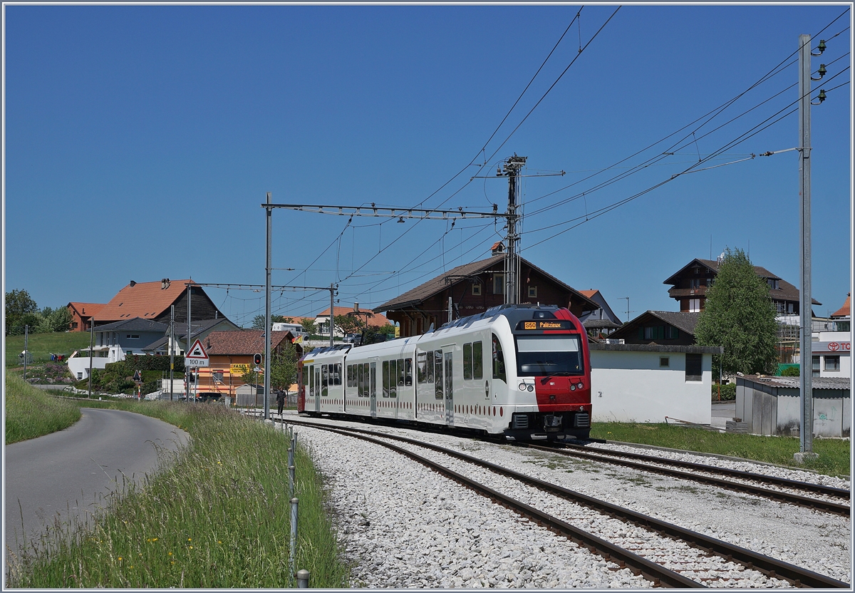 Der TPF SURF Be 2/4 - B - ABe 2/4 101 wartet in Vaulruz Sud auf den Gegenzug. 

19. Mai 2020