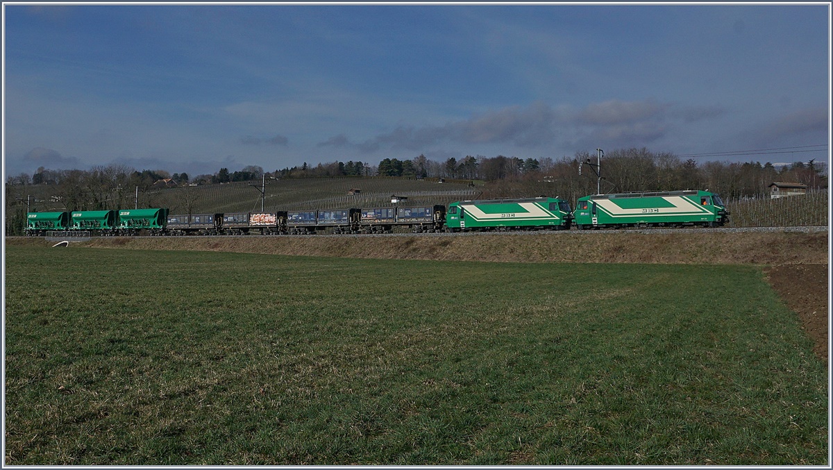Die beiden BAM MBC Ge 4/4 21 und 22 mit ihrem Güterzug bei Vufflens le Château.
3 März 2017