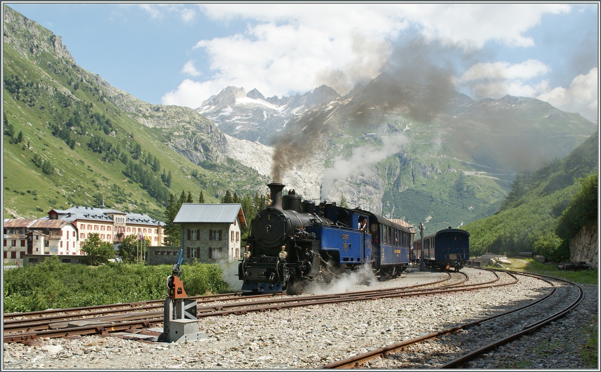 Die BFD (Brig-Furka-Disentis), heute DFB (Dampfbahn Furka Bergstrecke) HG 3/4 N� 1 in Gletsch.
5. August 2013