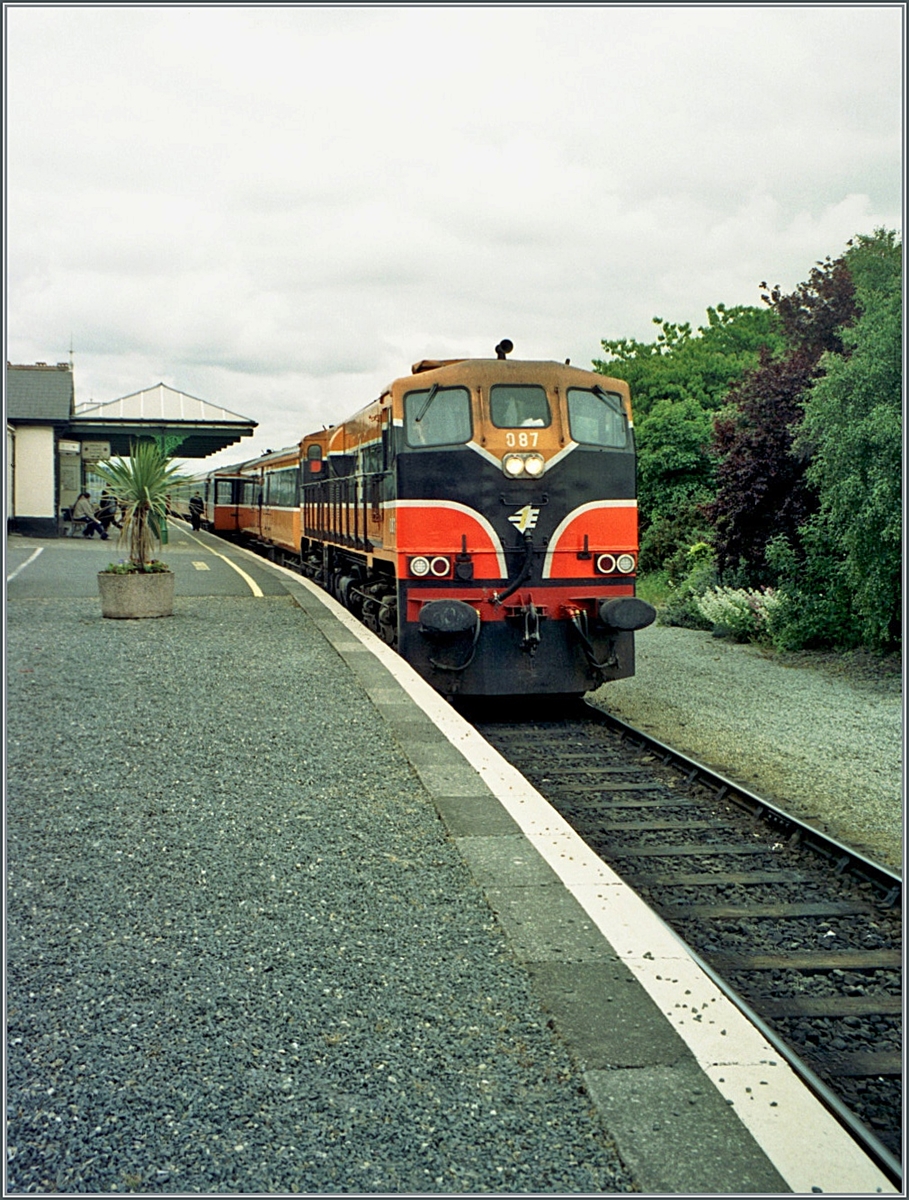 Die CIE (Iarnród Éireann) Diesellok CC 087 mit dem IC Dublin - Roosslare beim Halt in Wexford. 

Analog Bild vom Juni 2001