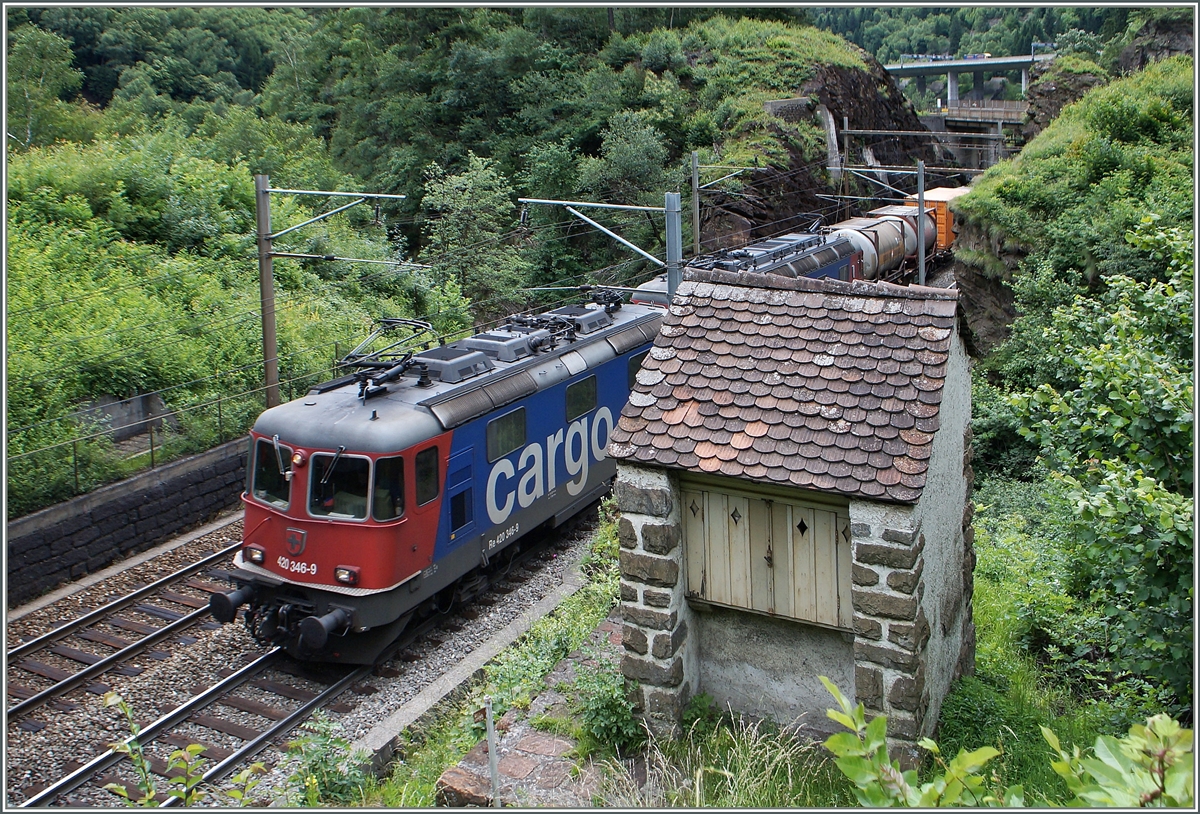 Die SBB Re 420 346-9 und eine (verdeckte) Re 6/6 mit einen Güterzug auf der Gotthard Südrampe in der Dazzio Grande. 

23. Juni 2015t 