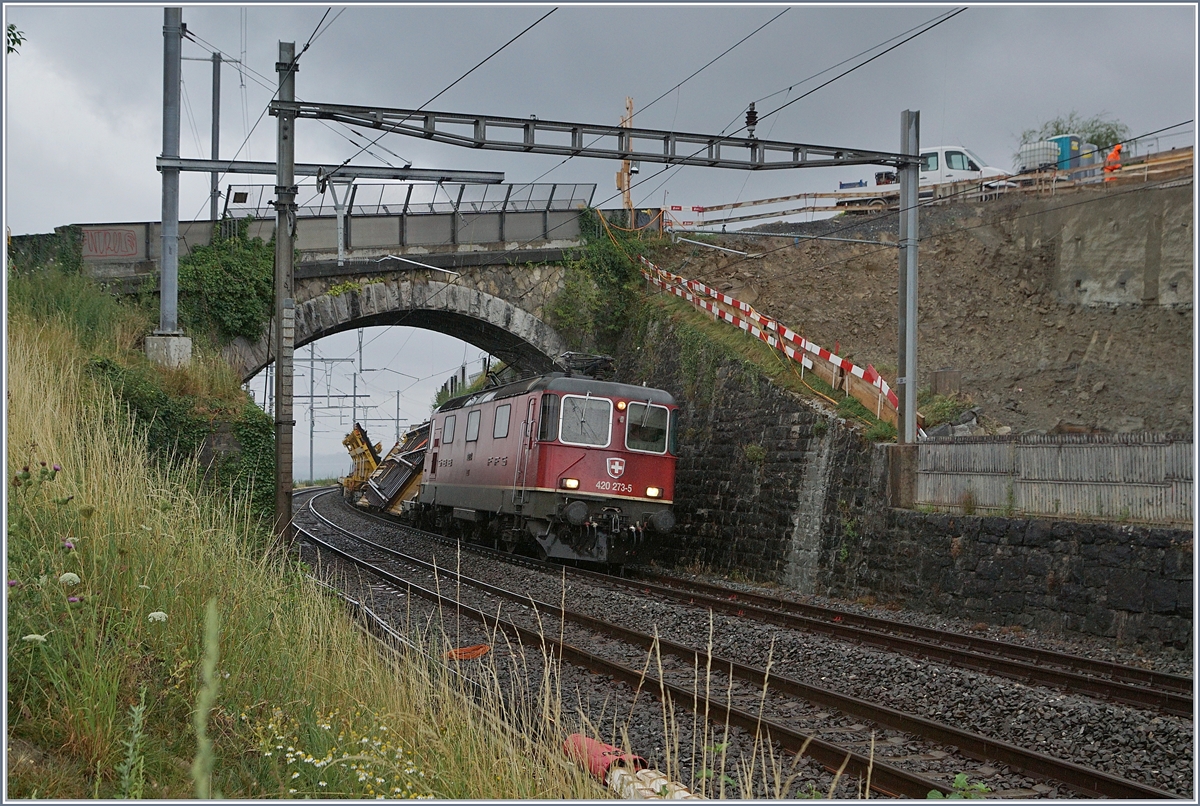 Die SBB Re 4/4 11273 (Re 420 273-5) mit einem Güterzug Richtung Villeneuve bei der Durchfahrt in Cully.

3. Aug. 2020