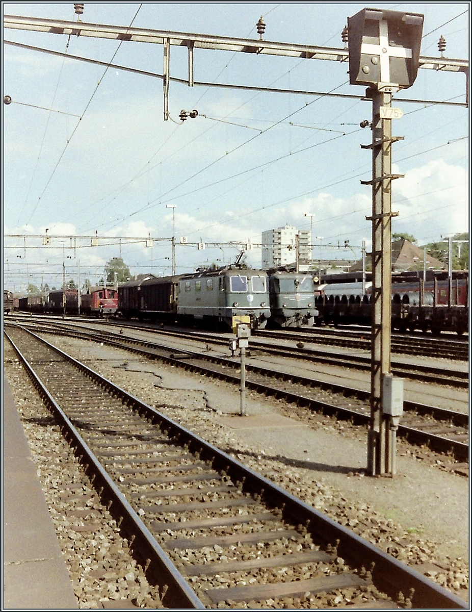 Ein Analogbild der EBT SMB VHB Re 4/4 III  Luzern , einer SBB Ae 6/6  Kantonslok  und sogar noch mit einer Spitzmaus im Hintergrund aus Solothurn. 

Sept. 1993 