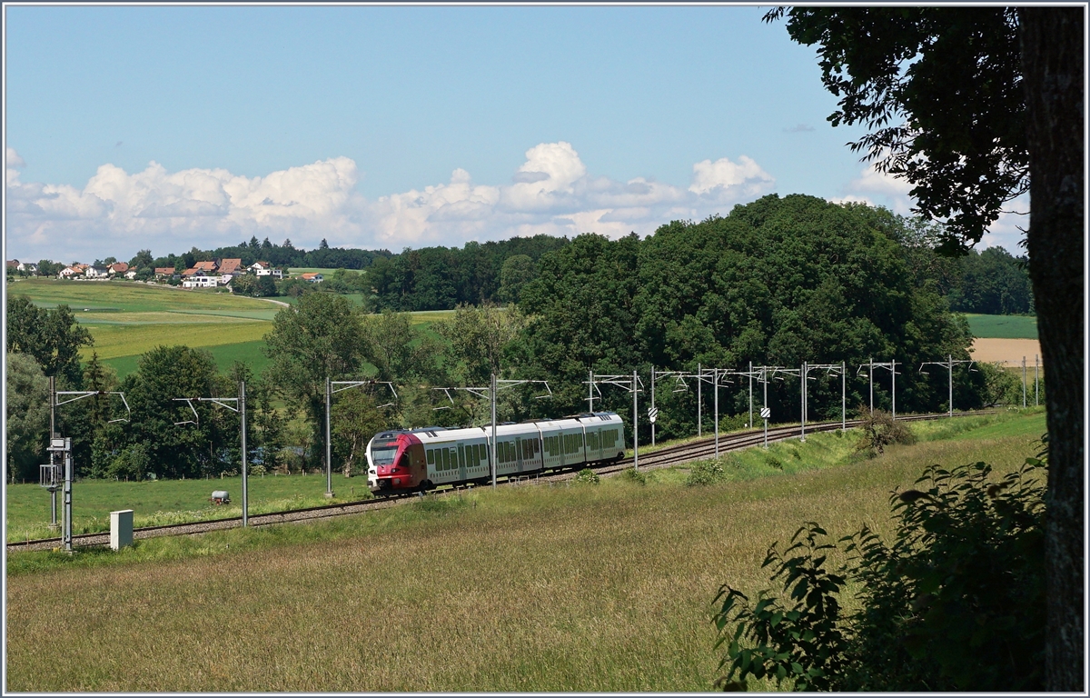 Ein TPF Flirt auf seiner Fahrt nach Bulle zwischen Fribourg und Romont. 

2. Juni 2018