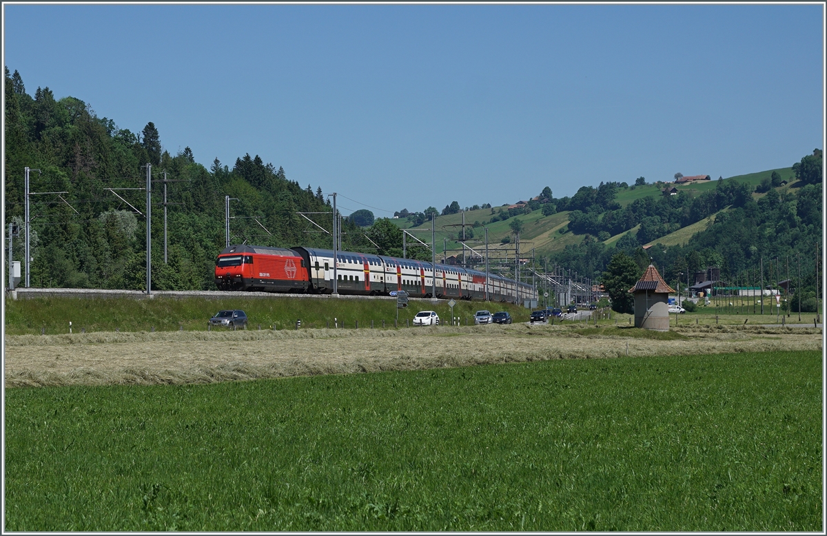 Eine SBB Re 460 mit einem IC von Romanshorn nach Brig zwischen Mülenen und Reichenbach im Kandertal. 

14. Juni 2021