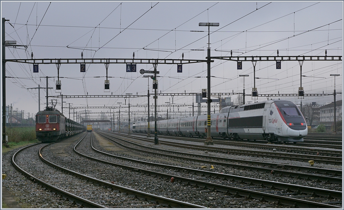 Eine SBB Re 6/6 und der TGV 4415 Lyria im Rangierbahnhof von Biel. 
5. April 2019