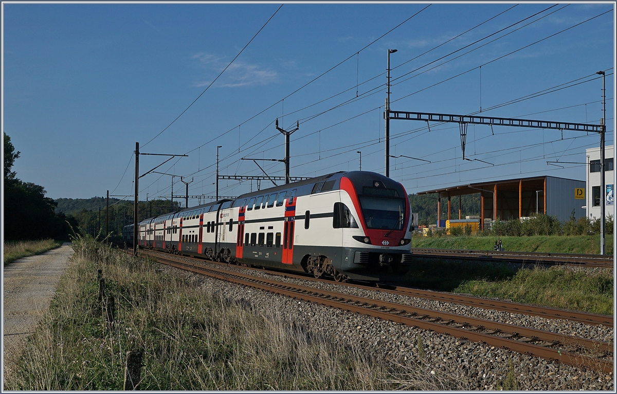 In der Regel sind Flirts oder Dominos im Umlauf der S5 (Lausanne - Grandson beschleunigt) eingesetzt, an diesem Sommer Tag ende Augsts kam jedoch ein RABe 511 zum Einsatz. 
Das Bild entstand ma 29. August 2018 bei Vufflens la Ville.