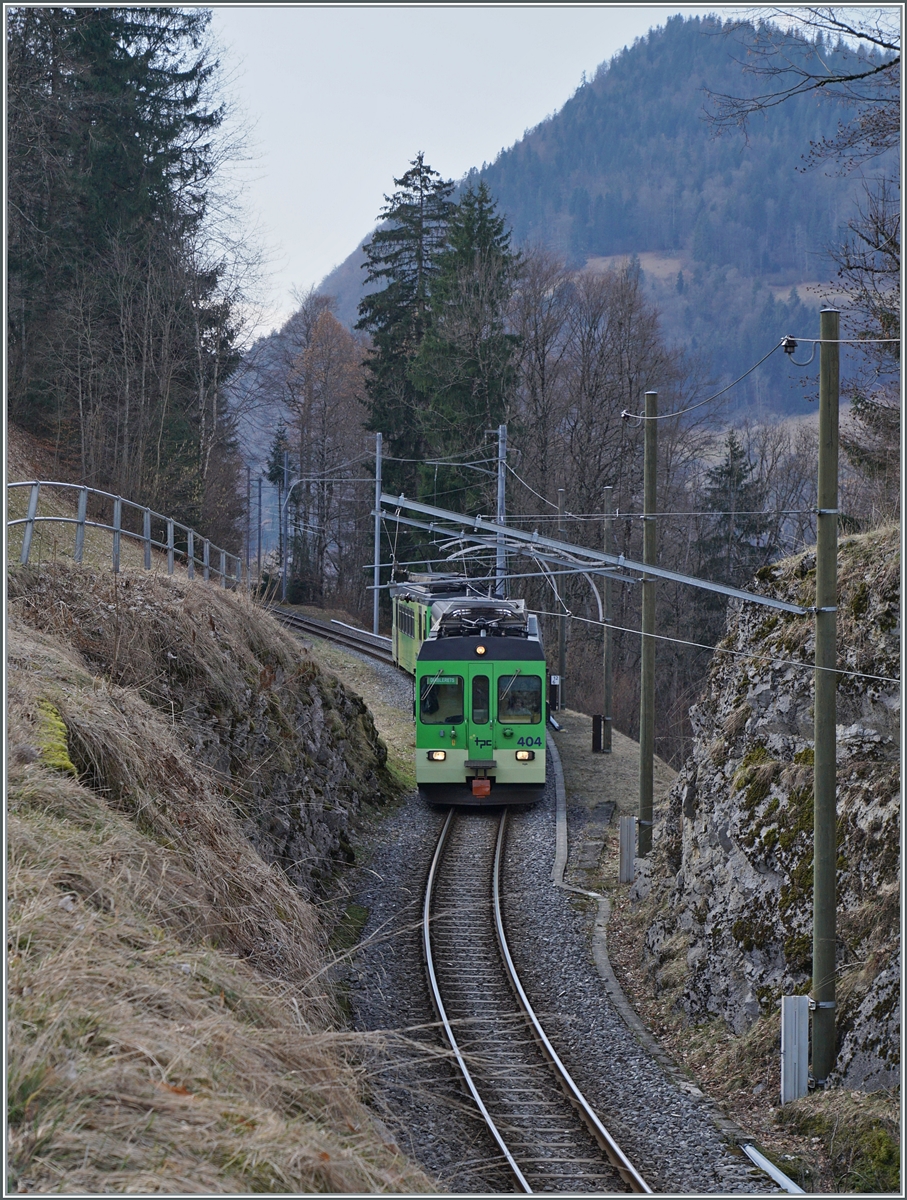 Kurz vor Les Planches ist der ASD TPC BDe 4/4 404 mit Bt und einem weitere BDe 4/4 auf der Fahrt nach Les Diablerets. 

17. Feb. 2024