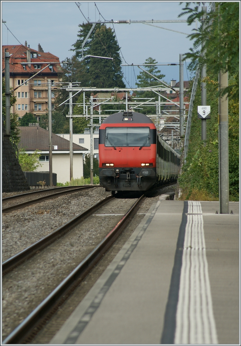 Mit dem Steuerwagen voraus kommt ein IR 90 angefahren. Das Telebild wurde in Burier angefertigt. 

7. Sept. 2022