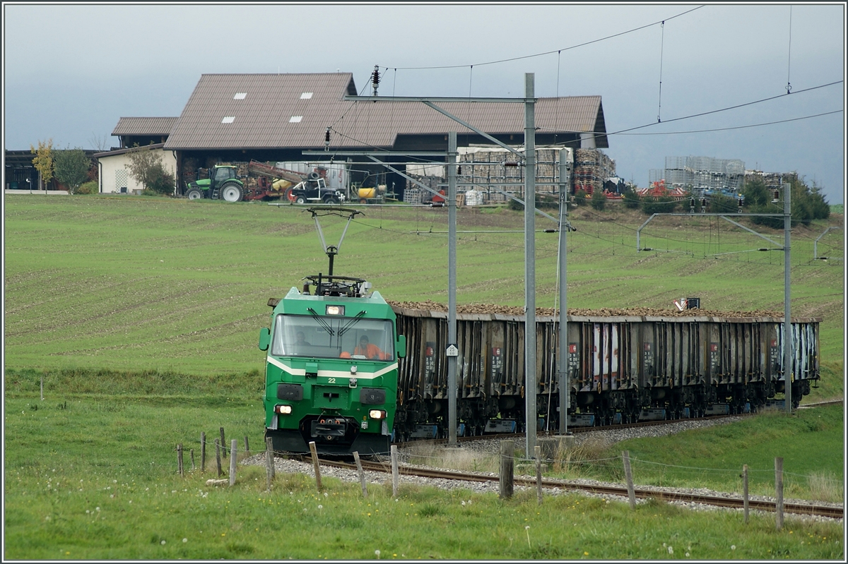 Nachdem alle sieben Eaos mit Zuckerr�ben gef�llt sind, f�hrt die Ge 4/4 22 Richtung Morges.
Bei Mauraz, den 10. Okt. 2014