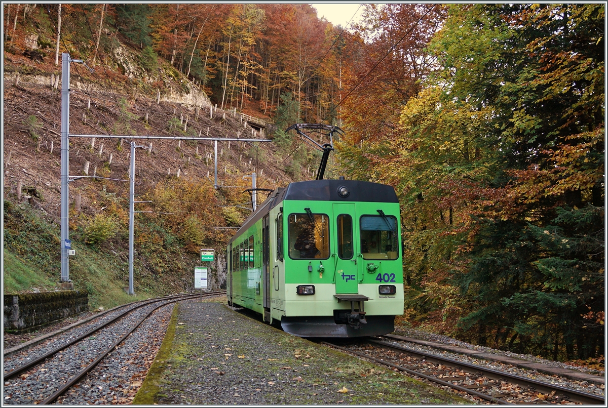 Plambuit - einer der zur Zeit zahlreichen ASD Endstationen... Unstabiles Gelände hat schon vor einiger Zeit die Strecke zwischen Exergilloud und Le Sépey (bzw. Les Planches) unterbrochen und nun hat die Forstwirtschaft beschlossen zwischen Plambuit und Exergilloud Waldarbeiten durchzuführen und dafür sicherheitshalber auch diesen Streckenabschnitt zeitweise gesperrt zu sperren. Plambuit ist ein kleiner Weiler weit weg vom Bahnhof mit sechs Bus-Verbindungen von Ollon und so gibt es am Bahnhof von Plambuit nichts, ausser viel Wald, und den ASD BDe 4/4 4/4 402, der auf die Rückfahrt nach Aigle wartet.

5. November 2021