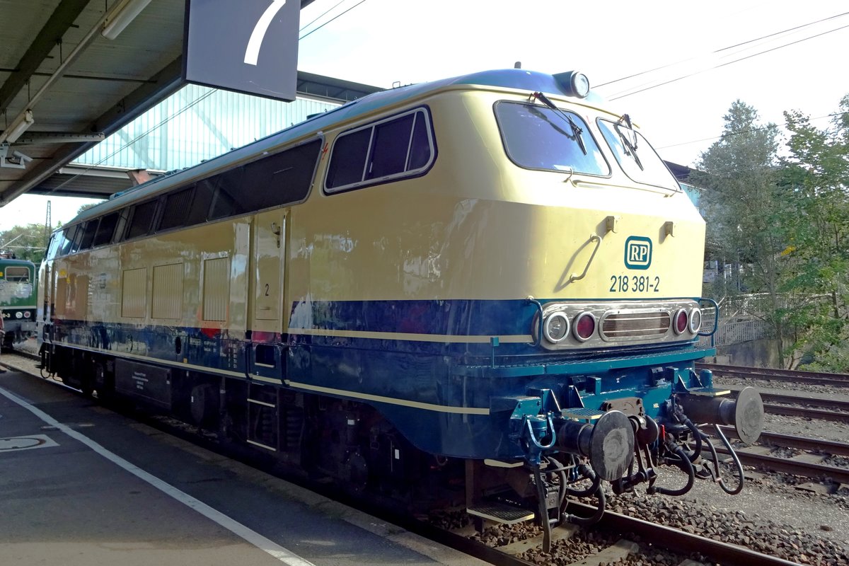 RP 218 381 steht am 13 September 2019 als Ausstellungsobject in Göppinger Bahnhof während die Märklintagen. 