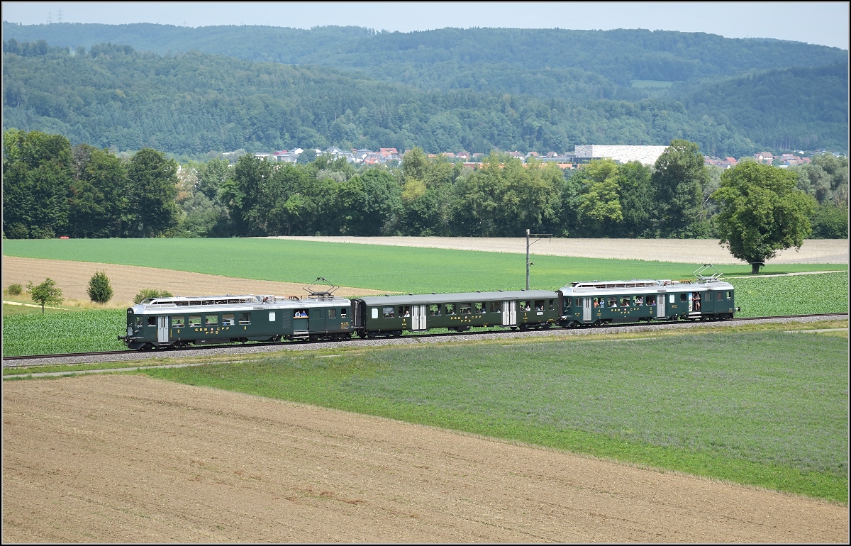 Triebwagentreffen Koblenz, August 2017. Der SBB-Triebwagen BDe 4/4 1643  Wyländerli  bilder mit BDe 4/4 1646 ein kräftiges Sandwich aus BDe 4/4, hier bei Leibstadt.