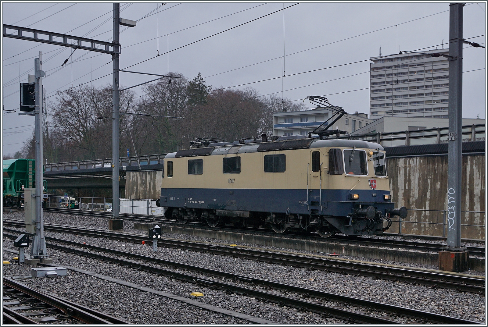 Die IRSI/IGE  Rheingold  Re 4/4 II 11387 (Re 421 387-2) im Dienste der BAM MBC steht in Morges und wird später als Lokfahrt nach Gland fahren. 

22. Feb. 2024 

