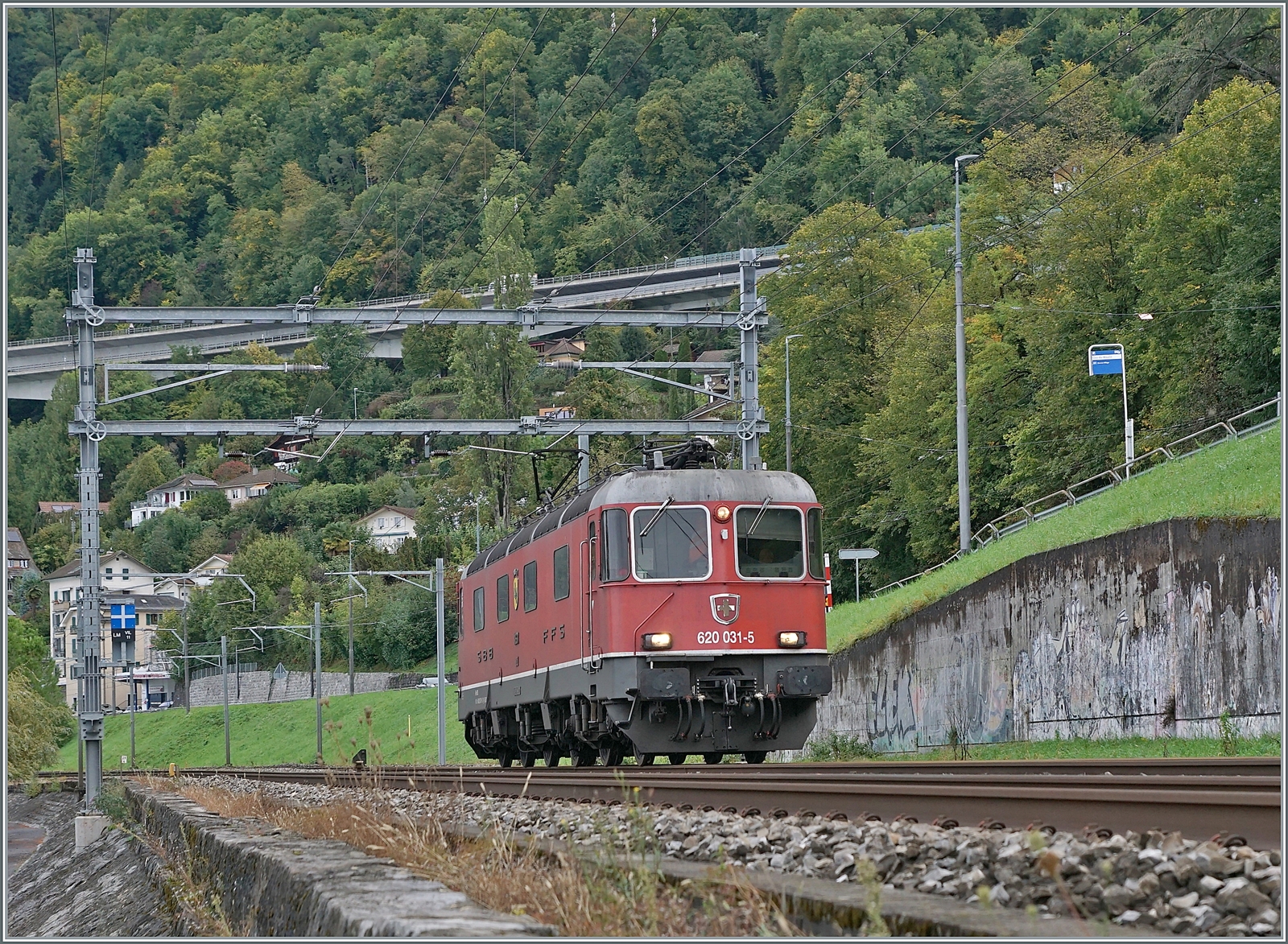 Die SBB Re 6/6 11631 (Re 620 031-5) Dulliken in SBB Rot ist kurz vor Villeneuve auf dem Weg in Richtung Aigle. 

30. Sept. 2022