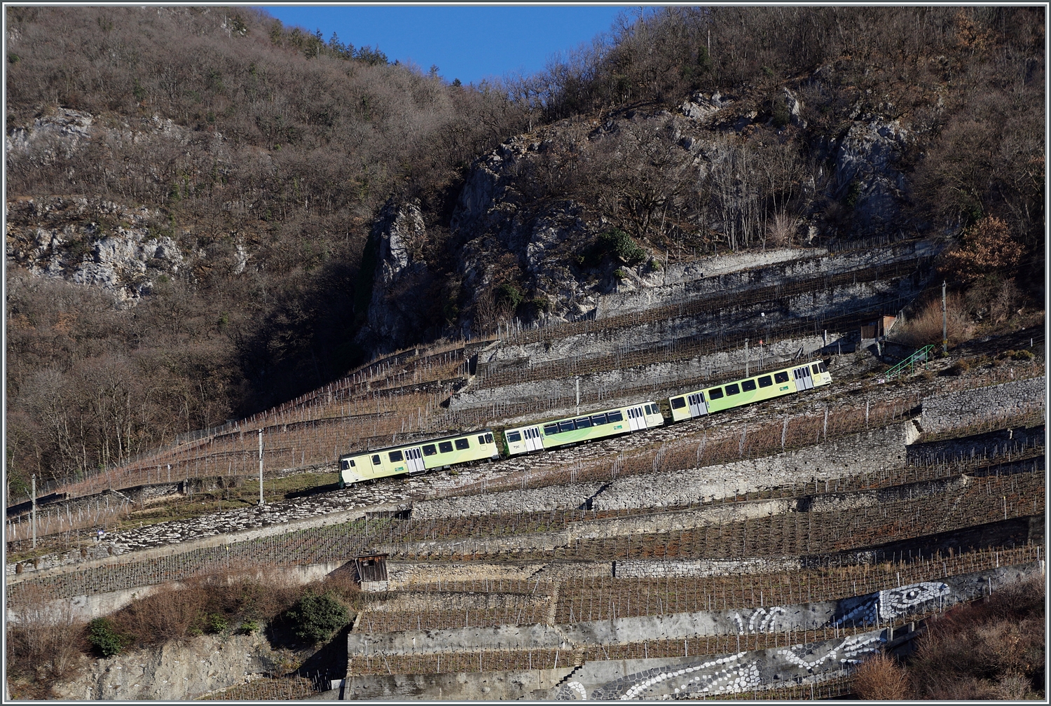 Ein A-L Zug ist in den Weinbergen oberhalb von Aigle auf der (steilen!) Fahrt nach Leysin. 

27. Jan. 2024